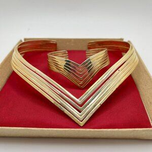 Vintage Gold Chevron Collar Necklace w/ Matching Bracelet